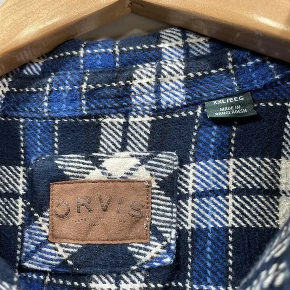 ORVIS Mens XXL Blue Plaid Long Sleeve Heavyweight Button Up Flannel Shirt Jacket - Picture 3 of 11